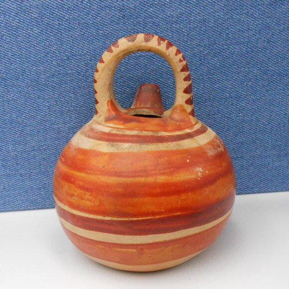 VINTAGE SMALL MEXICAN CLAY POT HAND PAINTED POTTERY WATER JUG FOLK ART TONALA - Picture 4 of 8